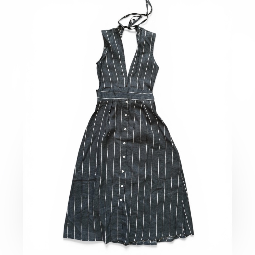 Faithfull the Brand Charcoal Striped Linen Dress Deep V Open Back Balletcore